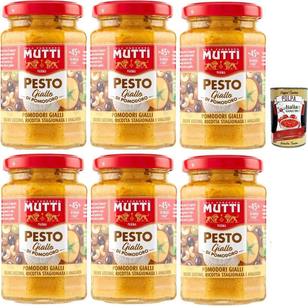 Mutti Pesto Giallo di Pomodoro 6 x 190 g mit gelben Tomaten Oliven Ricotta & Cashews cremige italienische Pastasauce Vorratspack + Italian Gourmet ...