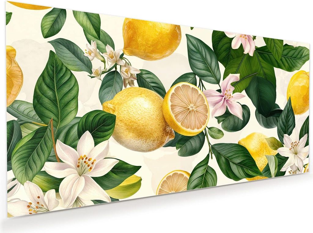 Glasbild 100x50cm in XXL für Wohnzimmer, Schlafzimmer Motiv Zitronenblumen