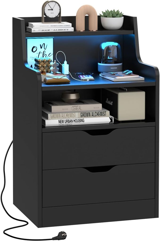 Nachttisch LED mit Steckdose,Nightstand mit 2 Schubladen Produktbild 