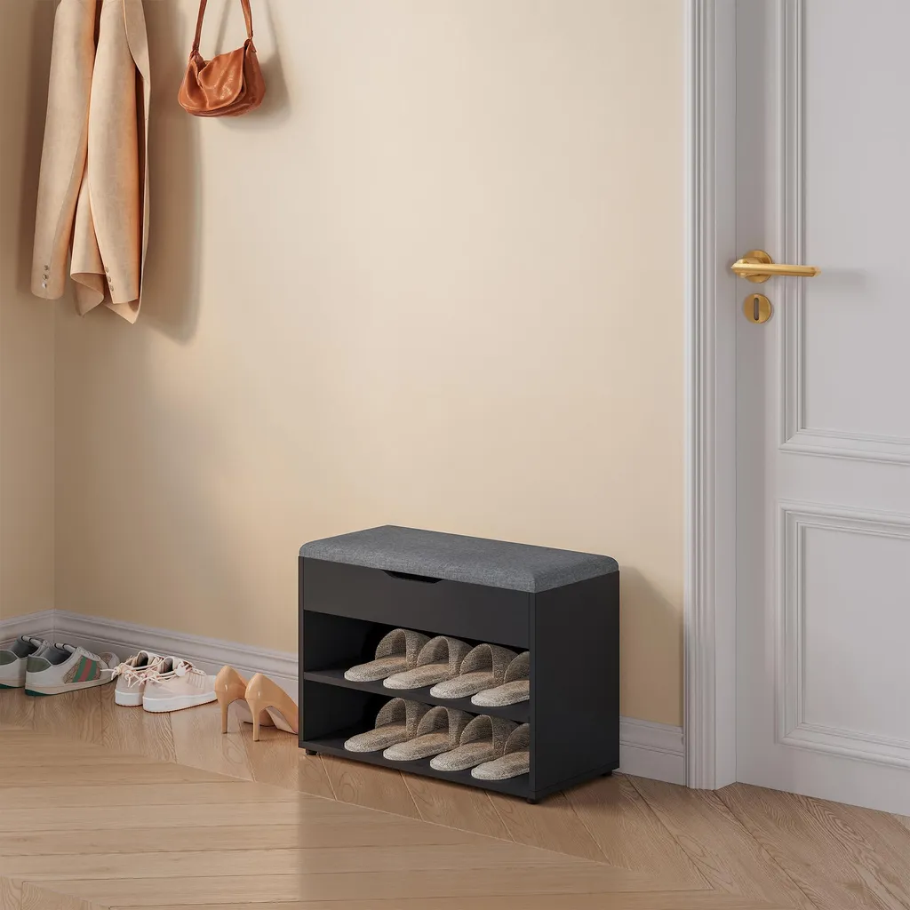 Gagnez de la place avec ce banc à chaussures compact noir et gris