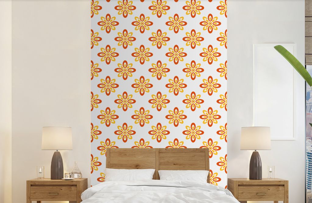 MuchoWow Fototapete für Wohnzimmer oder Schlafzimmer Wandtapete Vinyl Motivtapete Muster - 70er Jahre - Blumen - Orange - 150x240 cm - Tapeten