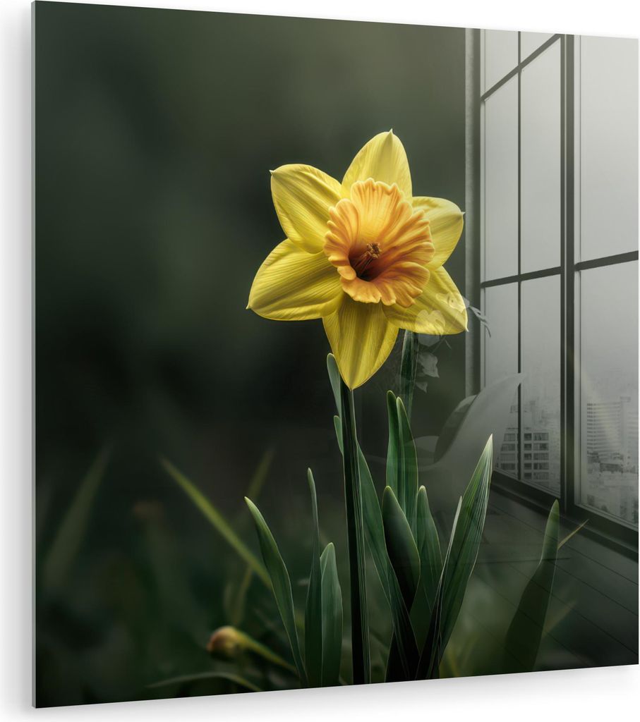 MuchoWow Glasbilder - Bilder auf Wandbild - Foto auf Glas Blume - Narzisse - Gras - Gelb 40x40 cm Wanddekoration aus Glas - Acrylglasbild - Acrylbi...