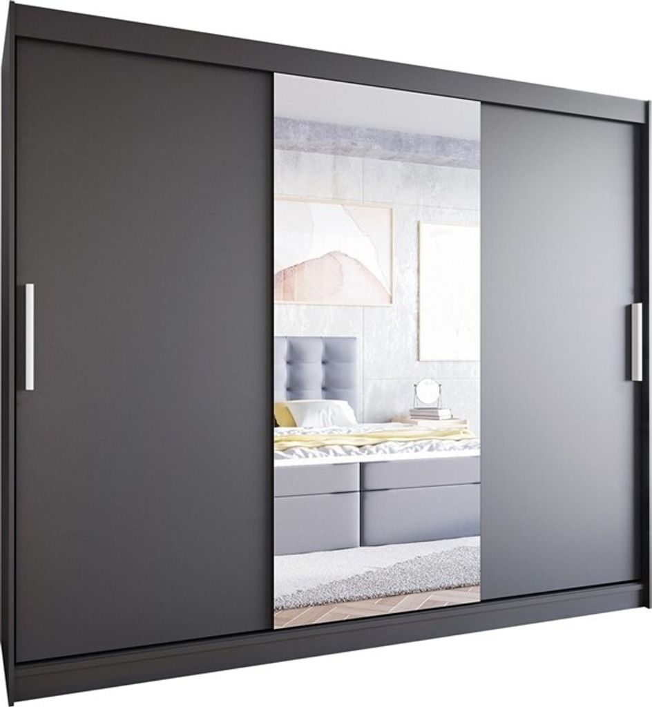 A modern sliding door wardrobe with a mirror in the center, placed in a bedroom setting. The wardrobe is dark gray and reflects a bed with pillows and artwork on the wall.