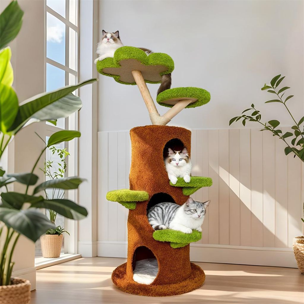 A cat tree with multiple levels and platforms, featuring three cats lounging on it, placed in a well-lit room with plants and a window.