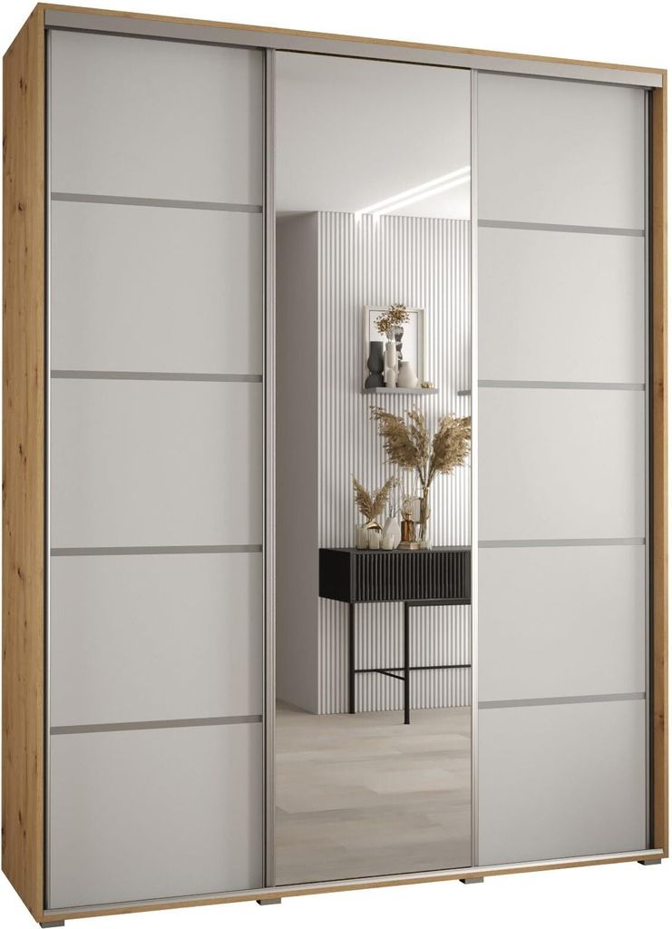 MEBLE KRYSPOL Cannes 5 Schrank mit 3 Schiebetüren - 205,2x200x45 cm - Artisan Weiß Silber