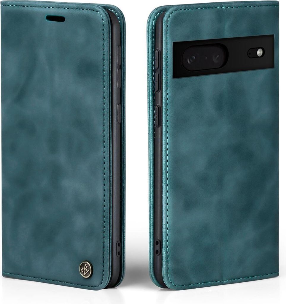 Two views of a teal flip-style phone case for a Google Pixel 7.