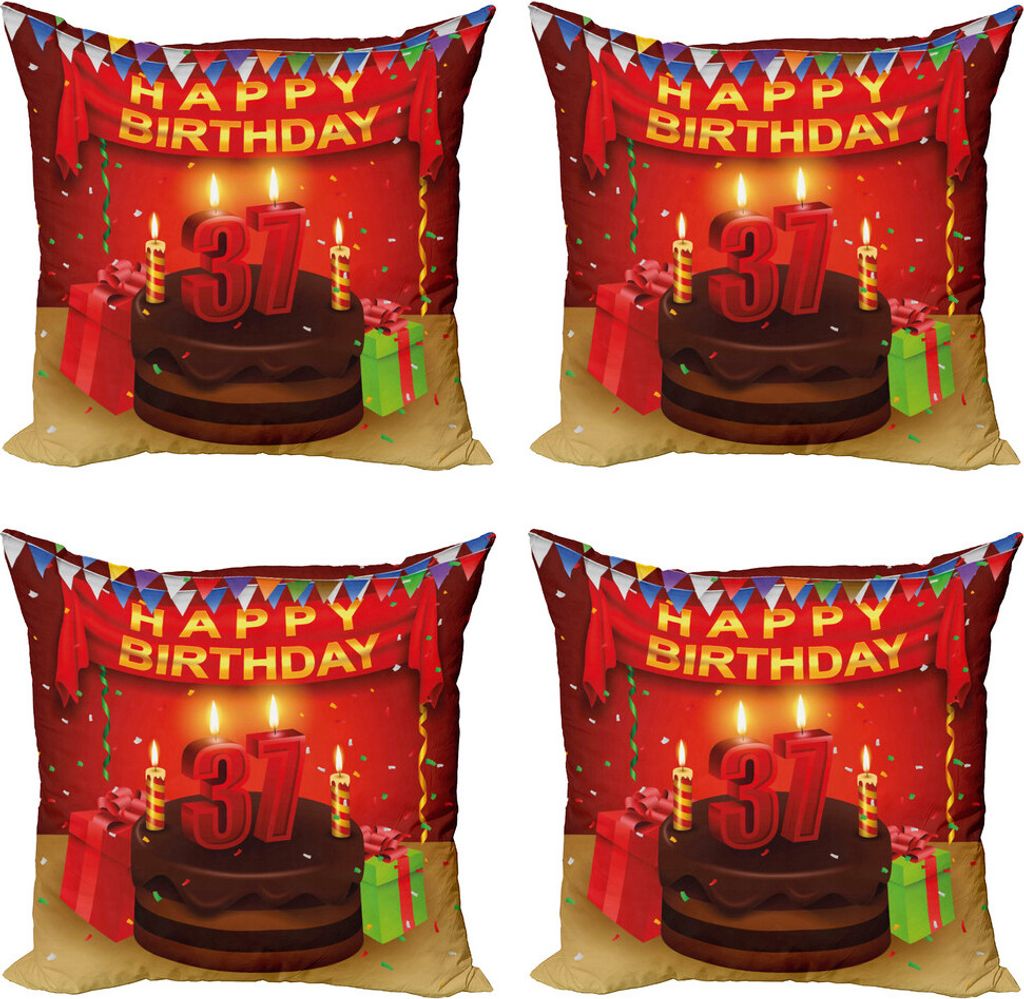 ABAKUHAUS 37. Geburtstag Kissenbezug Set (4 Stück), Kuchen-Ballone, Moderner Doppelseitiger Digitaldruck, 50 cm x 50 cm, Mehrfarbig