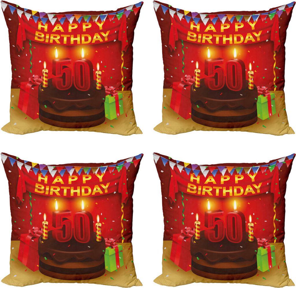 ABAKUHAUS 50. Geburtstag Kissenbezug Set (4 Stück), Schokoladenkuchen, Moderner Doppelseitiger Digitaldruck, 40 cm x 40 cm, Mehrfarbig