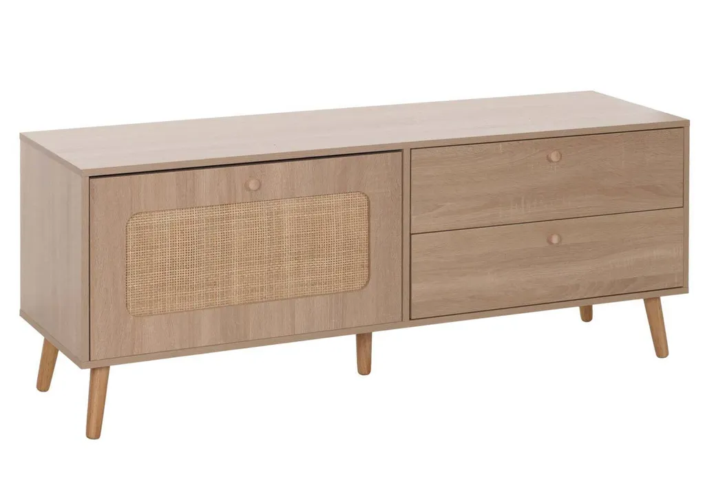 Buffet TV en rotin tressé et commode basse aspect chêne clair