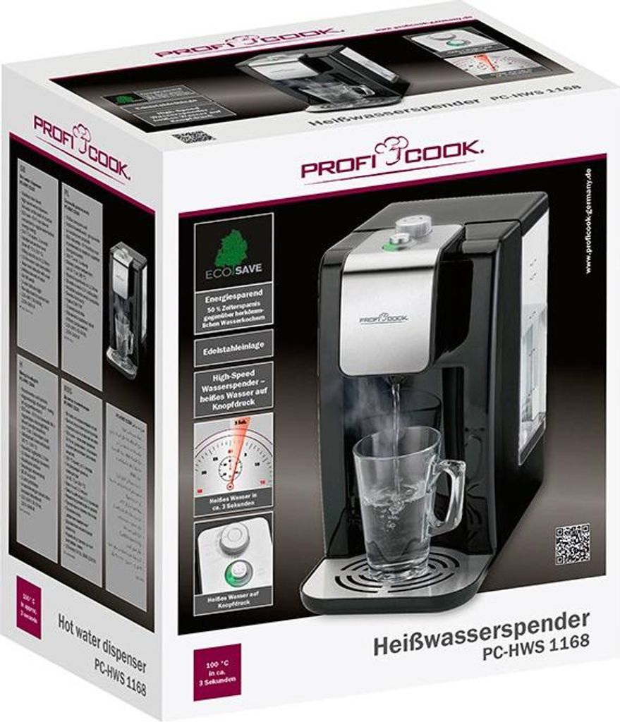 The image shows the retail packaging of a hot water dispenser.