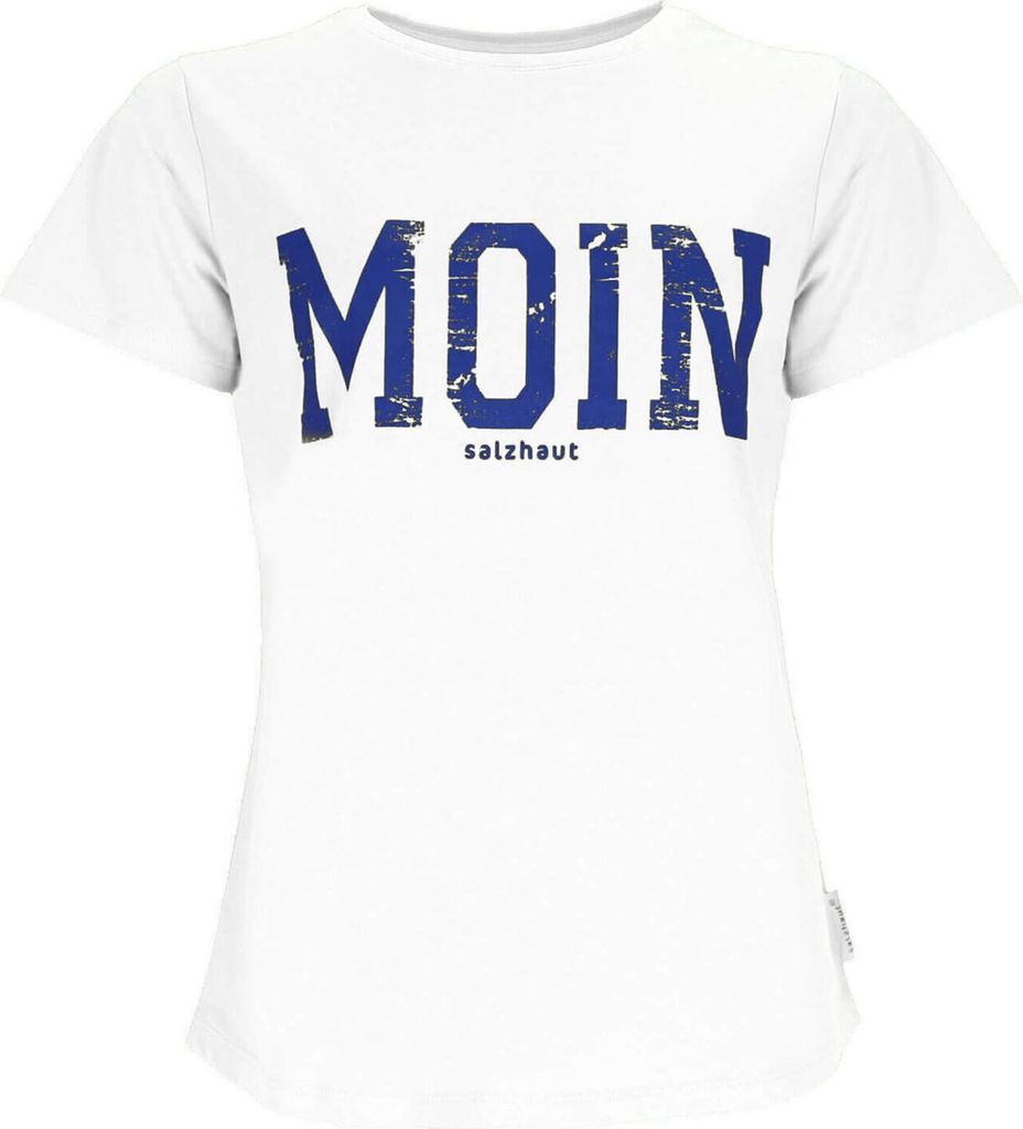 Salzhaut Damen T-Shirt Steentje mit Moin-Print - Modisches Kurzarm-Shirt mit Rundhalsausschnitt White-Navy Größe XL