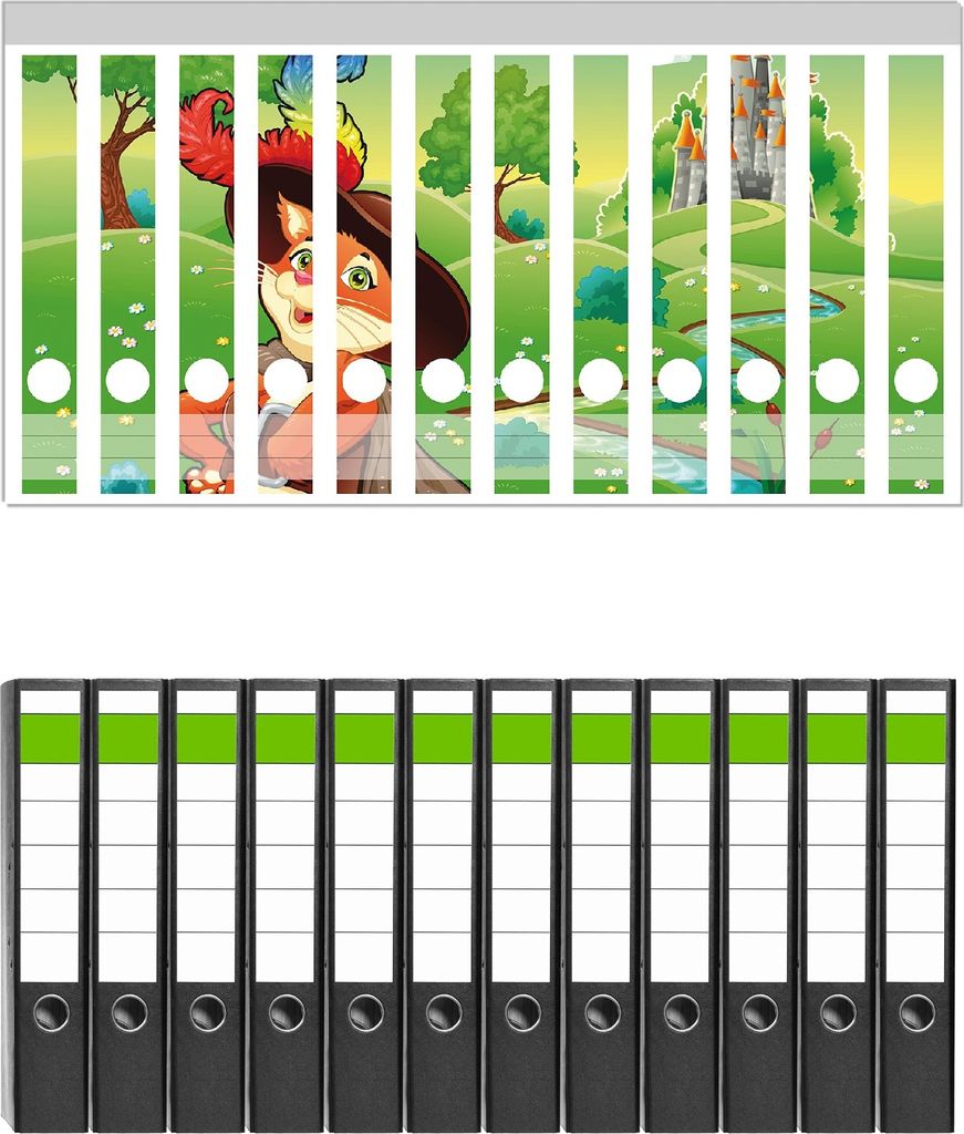 Wallario 12 Stück schmale Ordner inkl. Klebeetiketten mit Motive Gestiefelter Kater - Set mit Rückenschildern / Ordnerrücken Stickern
