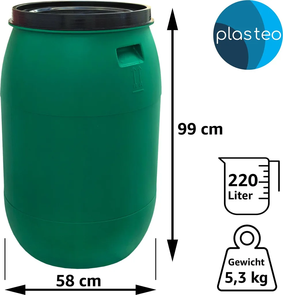 Plasteo® Tonneau à col large 220L avec couvercle coiffant robuste - 2