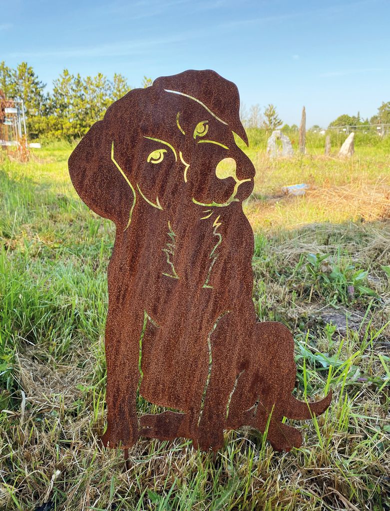 Gartenfigur Hund sitzend klein 35x25cm Gartenstecker Edelrost Gartendeko Wetterfest Rost Metall Rostfigur Hunde Figur Tier
