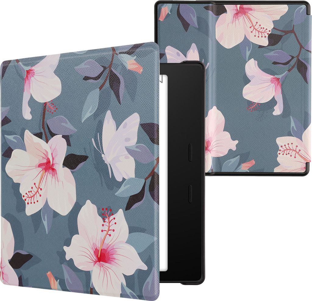 kwmobile Schutzhülle für Amazon Kindle Oasis 10. Generation Hülle - eReader Flip Case mit Auto Sleep Funktion - Weiß-Rosa Fuchsien-Blüten mit ...