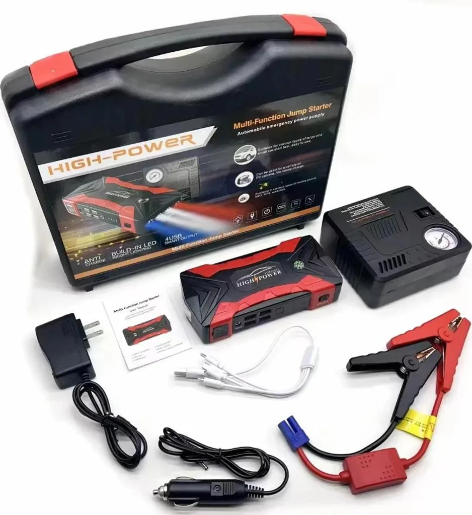 Powerbank per avviamento auto - Dispositivo di avviamento con compressore - 12 V - 20000-30000 mAh - Corrente di picco 1200 A - Luce SOS - Oro