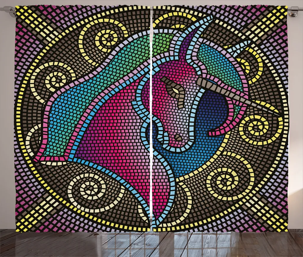 ABAKUHAUS Tenda rustica colorata, unicorno mosaico, tenda con passanti e ganci per camera da letto, 280 x 245 cm, multicolore
