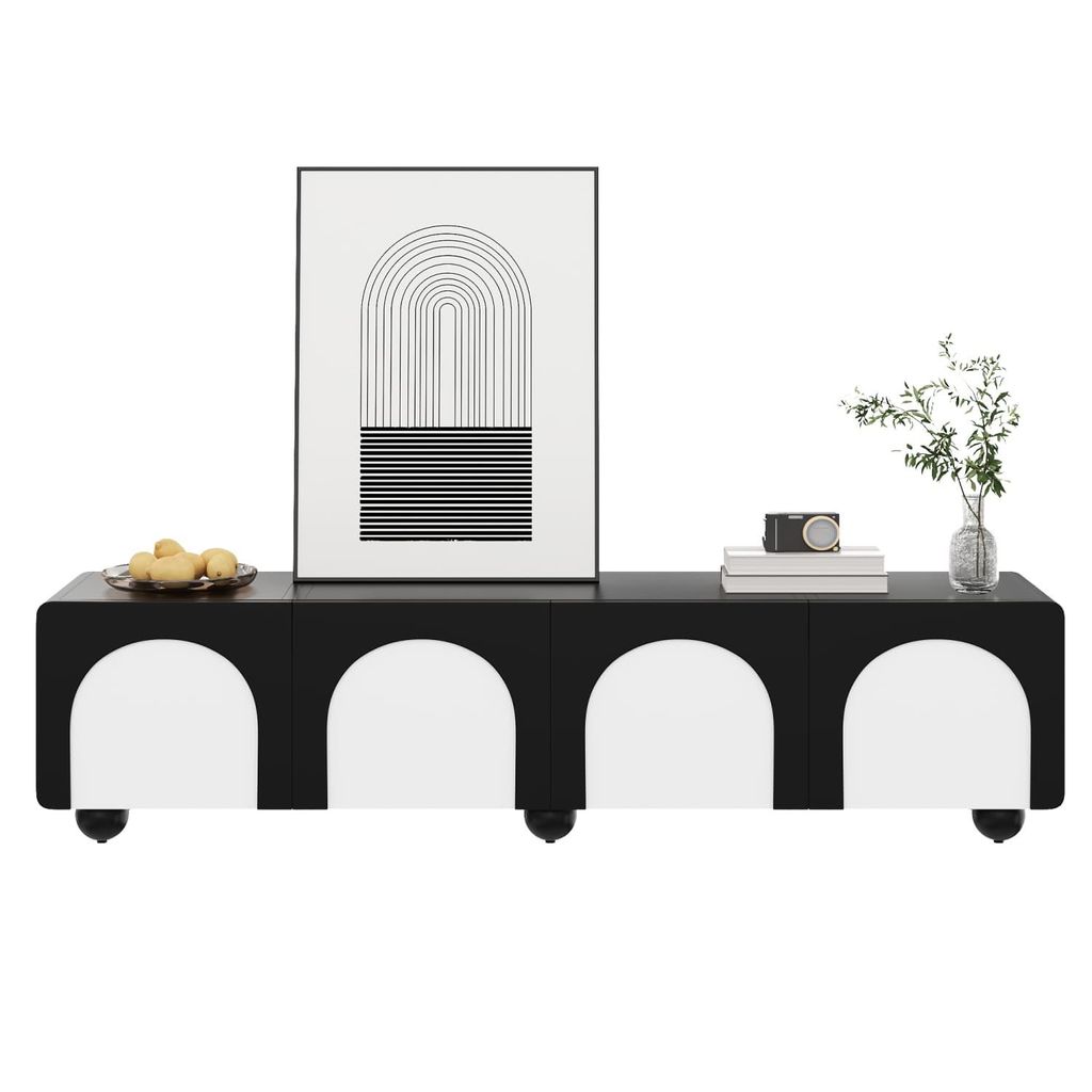 TV-Schrank mit zwei Schubladen und zwei Türen, TV-Möbel, TV-Paneel, niedriger TV-Schrank. Klassisches Schwarz-Weiß-Design. 180 x 38 x 45 cm
