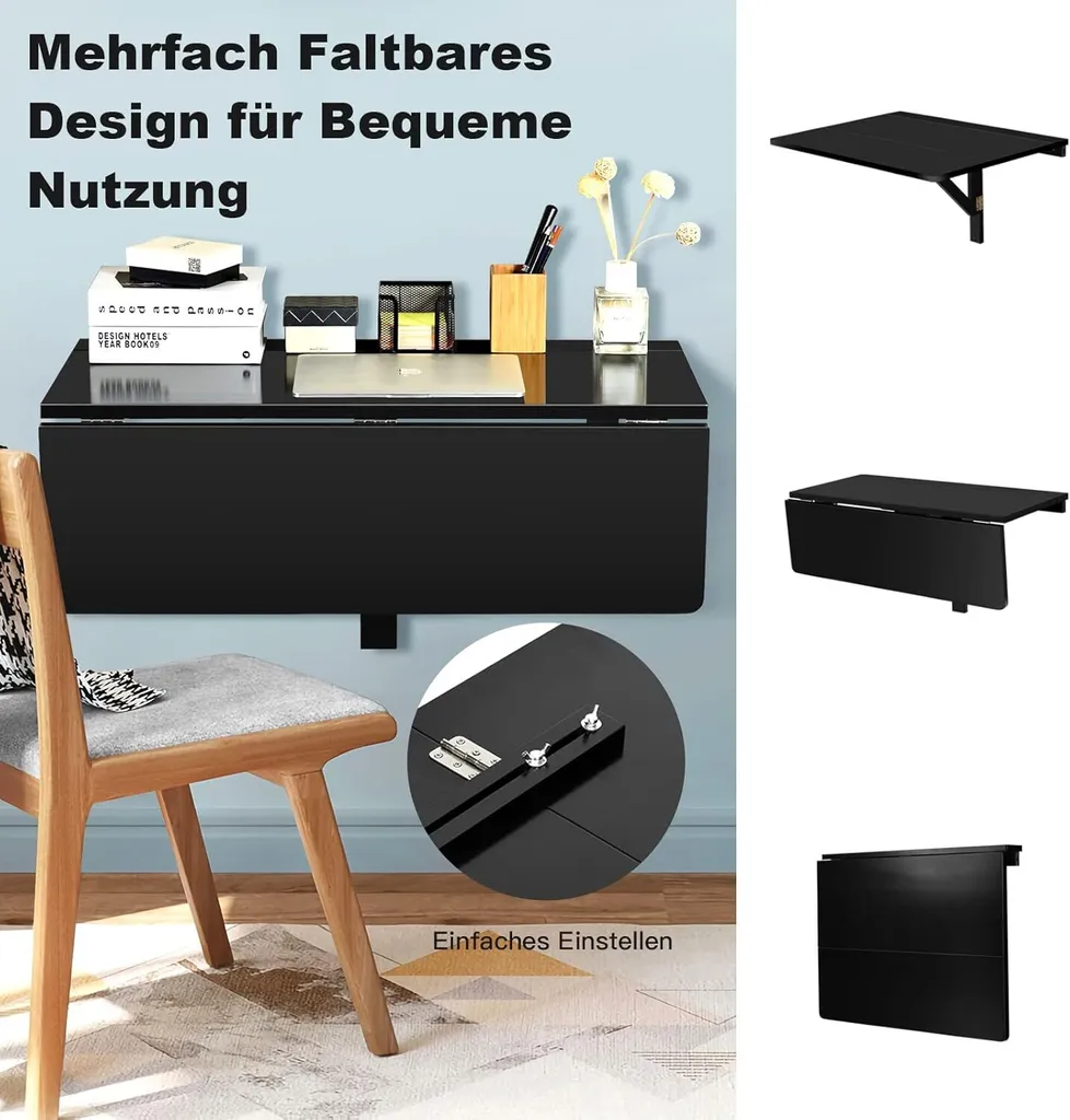 Table Murale Rabattable Noire 80x60cm - Plateau en Bois Robuste Compact