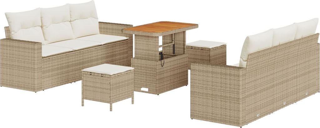 Möbel 9-teiliges Garten-Sofa-Set mit Kissen Beige Poly-Rattan Akazie, 3-teiliges Garten-Ess-Set mit Kissen Beige Poly-Rattan Akazie - Gartensofas ...