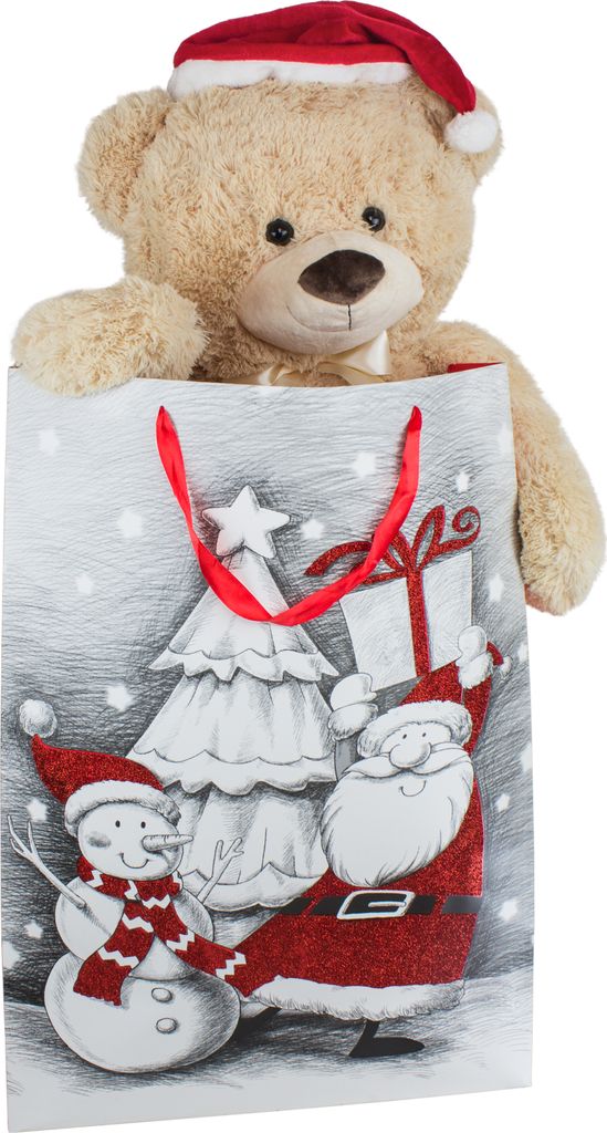 BRUBAKER XXL Teddy mit Nikolausmütze - 100 cm groß in einer Geschenktüte mit Weihnachtsmotiven