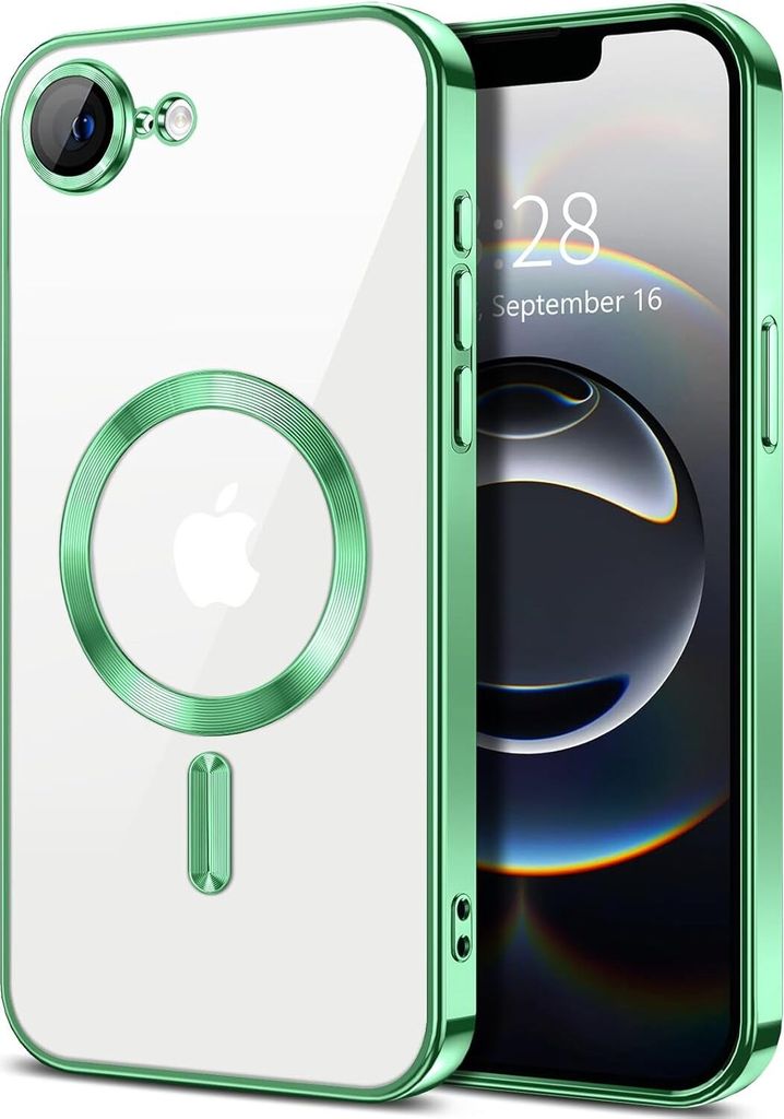 Magnetische Klar Hülle für iPhone 16e/iPhone 17e, Kompatibel mit MagSafe, Elektroplattiert Handyhülle mit Kameraschutz hellgrün
