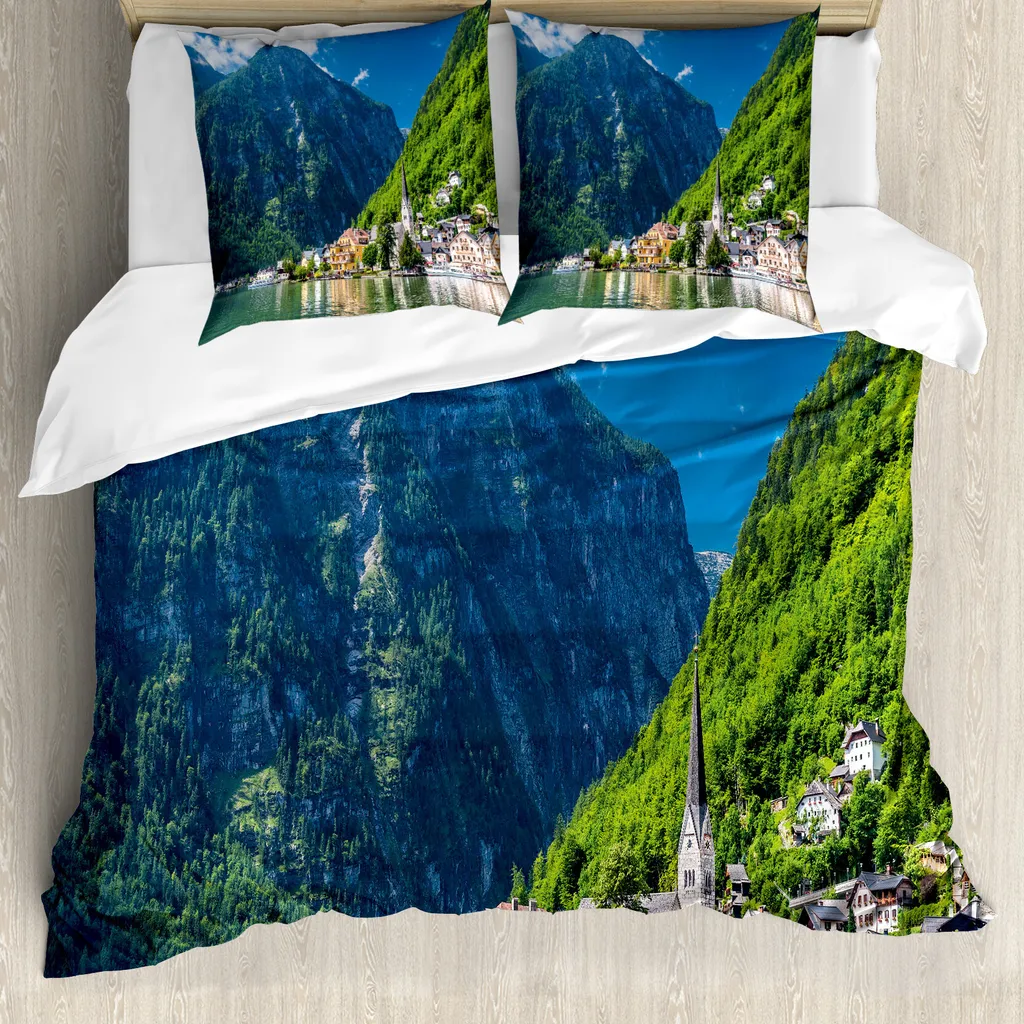 ABAKUHAUS Copripiumino paesaggio, Natural View Austria, antiacaro, adatto a chi soffre di allergie, con federe, 155 cm x 220 cm - 80 x 80 cm, verde, blu, bianco
