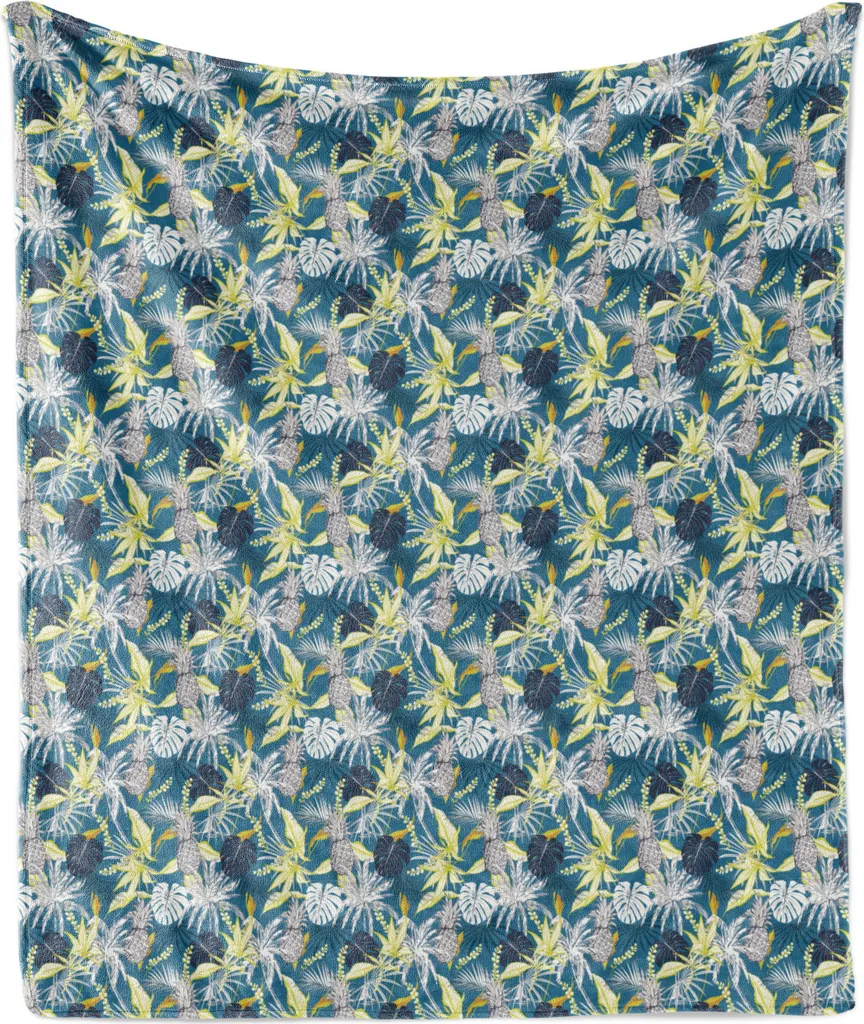 ABAKUHAUS Coperta reversibile in morbida flanella e pile, ananas e foglie estivi, soffice peluche per interni ed esterni, 125 x 175 cm, blu mare multicolore