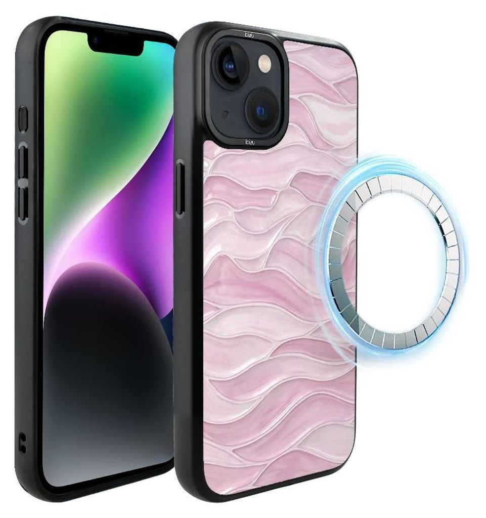Schutzhülle für das iPhone 14 Plus, MagSafe-kompatibel, mattschwarze Seiten, rosa Wellen