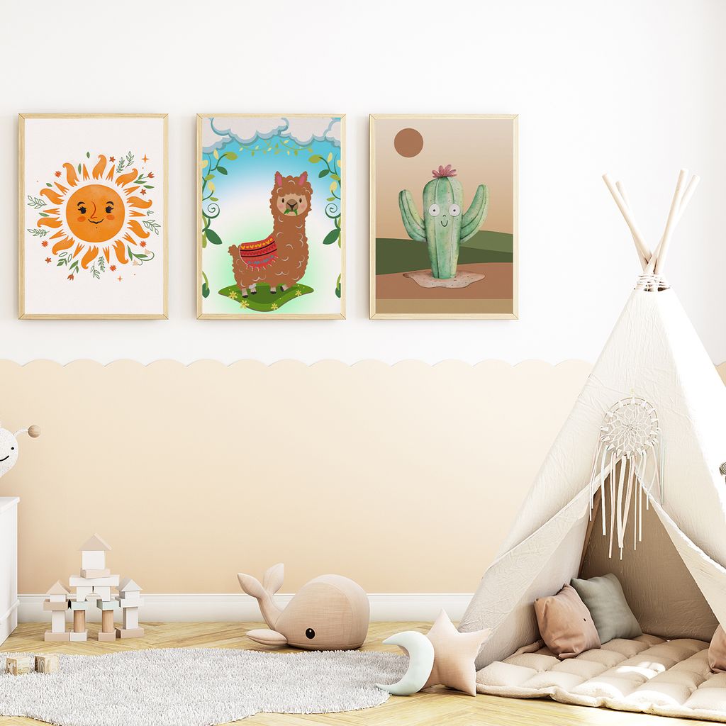 Sonne Lama Alpaka Kaktus Bilder 3er Set DIN A4 Kinderzimmer Wandbilder Babyzimmer Poster Dekoration
