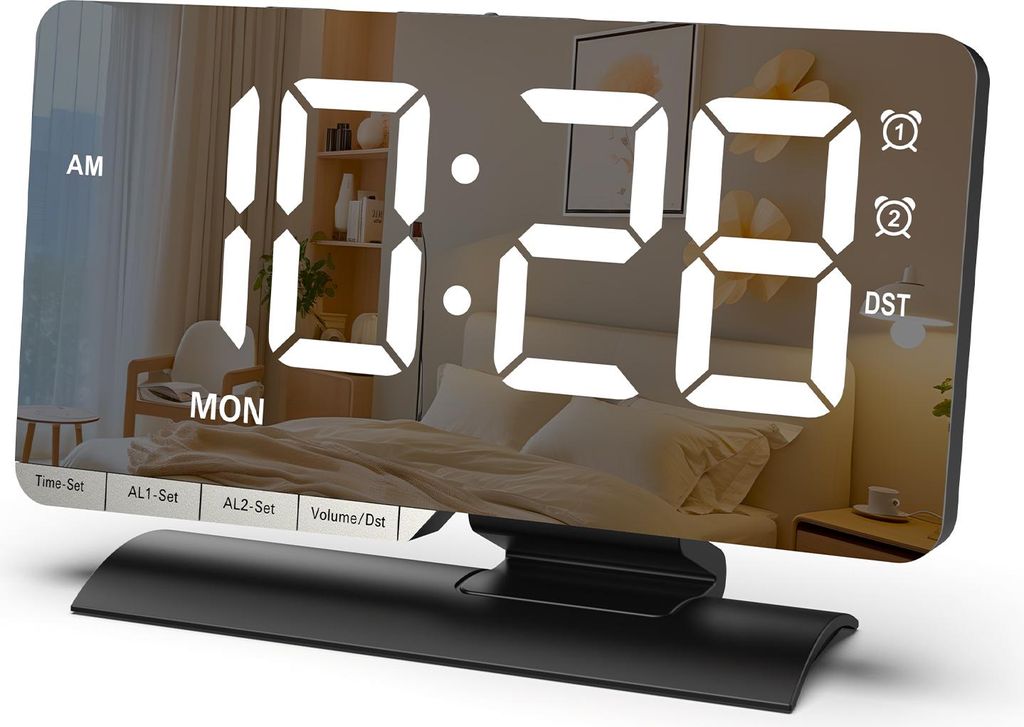 OKWISH Wecker, Großer LED-Spiegelwecker mit Sommerzeitfunktion, Digitaluhr für Schlafzimmer, Büro und Nachttisch, Schwarz