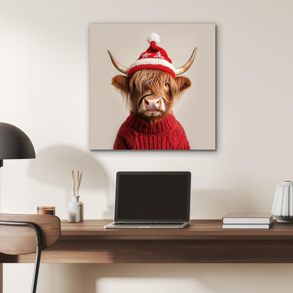 MuchoWow Wanddekoration Metall Metallbild Wandkunst 50x50 cm Schottisches Hochlandrind - Weihnachten - Mütze - Pullover - Winter MuchoWow Aluminiu...