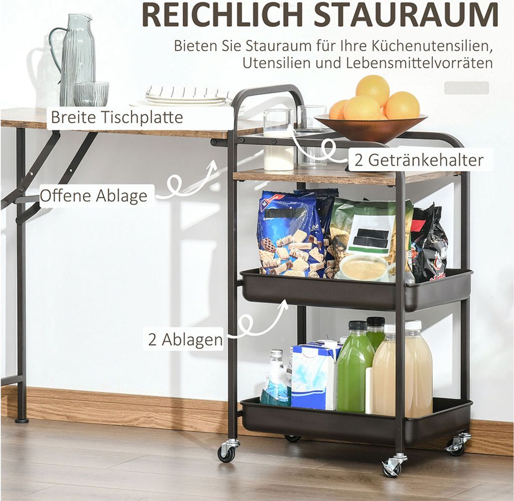 HOMCOM HOMCOM Küchenwagen - 2 Tabletts - Schwarz/Braun - Produktbild 5