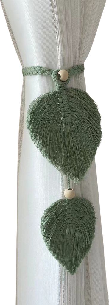 Raffhalter für Vorhänge im Boho-Stil, handgestrickt, aus Baumwollleinen, mit verstellbaren Holzperlen, Doppelblättern