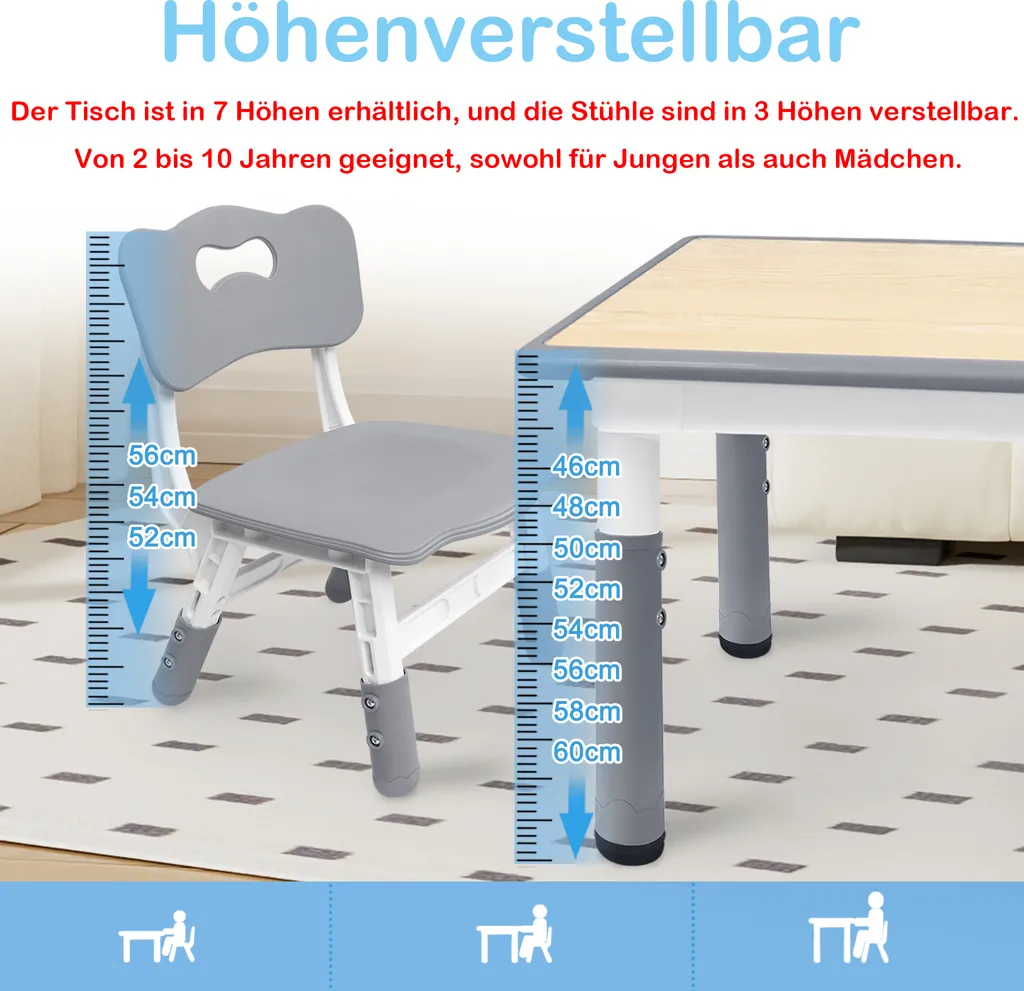 XMTECH Ensemble Table et 4 Chaises Enfant Grises avec Hauteur Réglable - 7