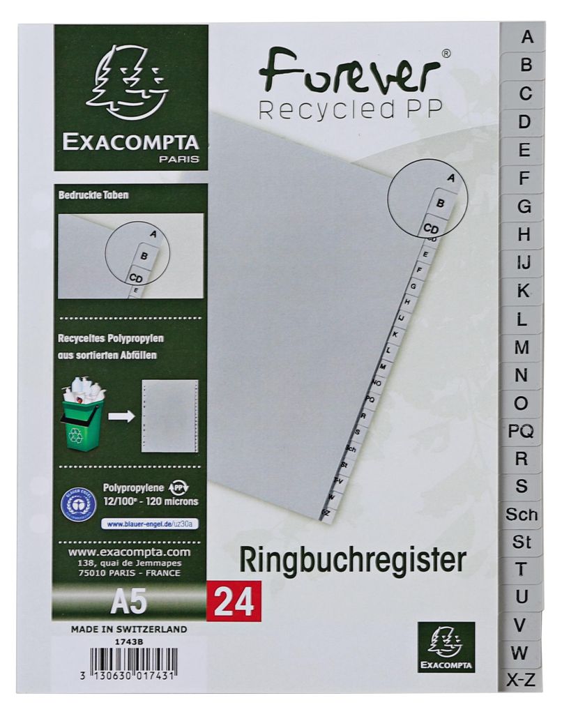 Exacompta 1743B Register A5 Recycling-PP grau 120µ 24 Taben Produktbild 