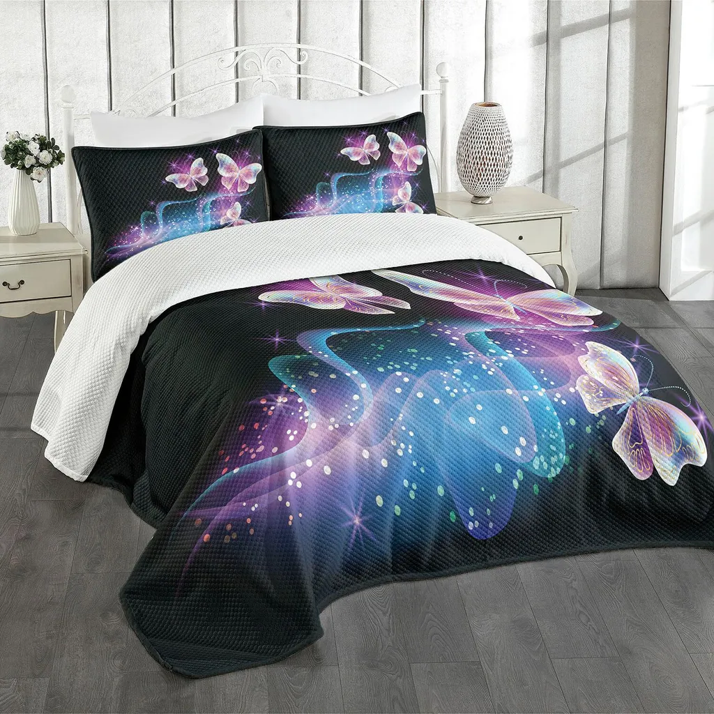 Set copriletto ABAKUHAUS Farfalla, illustrazione con farfalle magiche che volano e forme colorate e fumose, 264 x 220 cm, multicolore