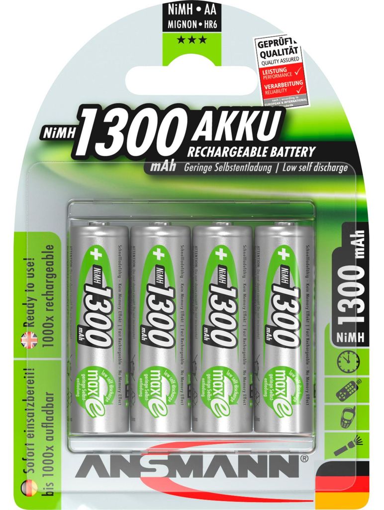 4 batterie ricaricabili ANSMANN maxE Mignon AA 1.300 mAh Immagine del prodotto 