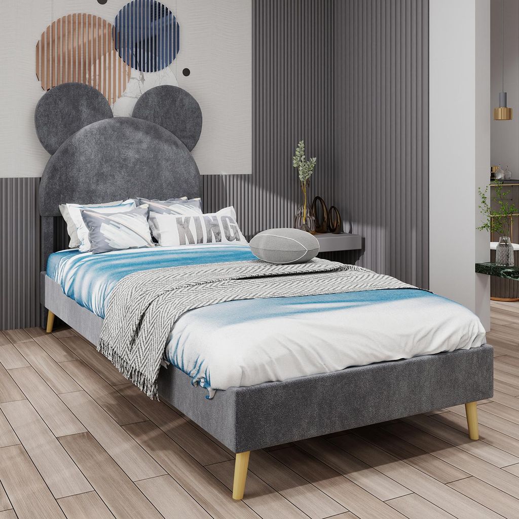 Sweiko Modern Minimalist Upholstered Bed with Soft Cartoon-Themed Headboard, 90x200 cm, Grey, Multifunctional Bedroom Furniture, Low-Profile Non-St...