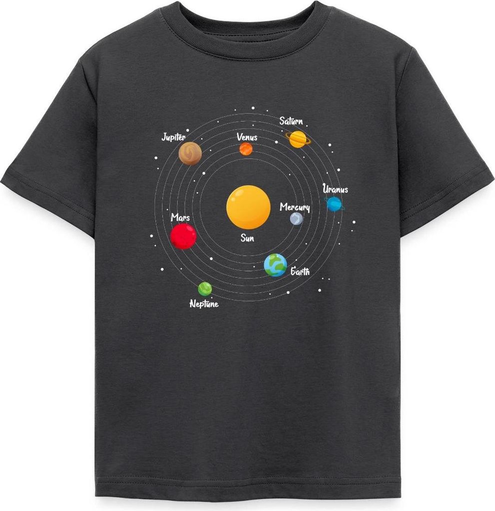 Spreadshirt Sonnensystem Planeten Universum Kinder T-Shirt, 98/104 (3-4 Jahre), Dunkelgrau