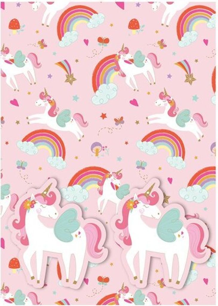 Einhorn 2 Bögen Geschenkpapier + Anhänger