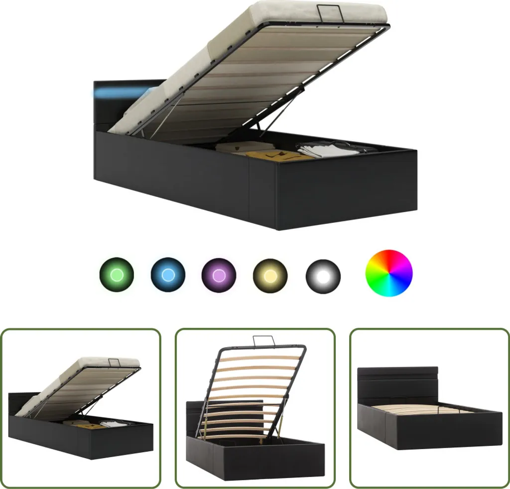 Lit LED design noir 90x200cm avec sommier relevable et coffre de rangement