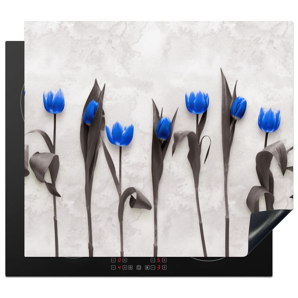 KitchenYeah Herdabdeckplatte Blumen - Tulpen - Blau , 57x51cm, Küche Deko, Glaskeramikkochfeld Herdabdeckung, Abdeckplatte fùr Kochfeld