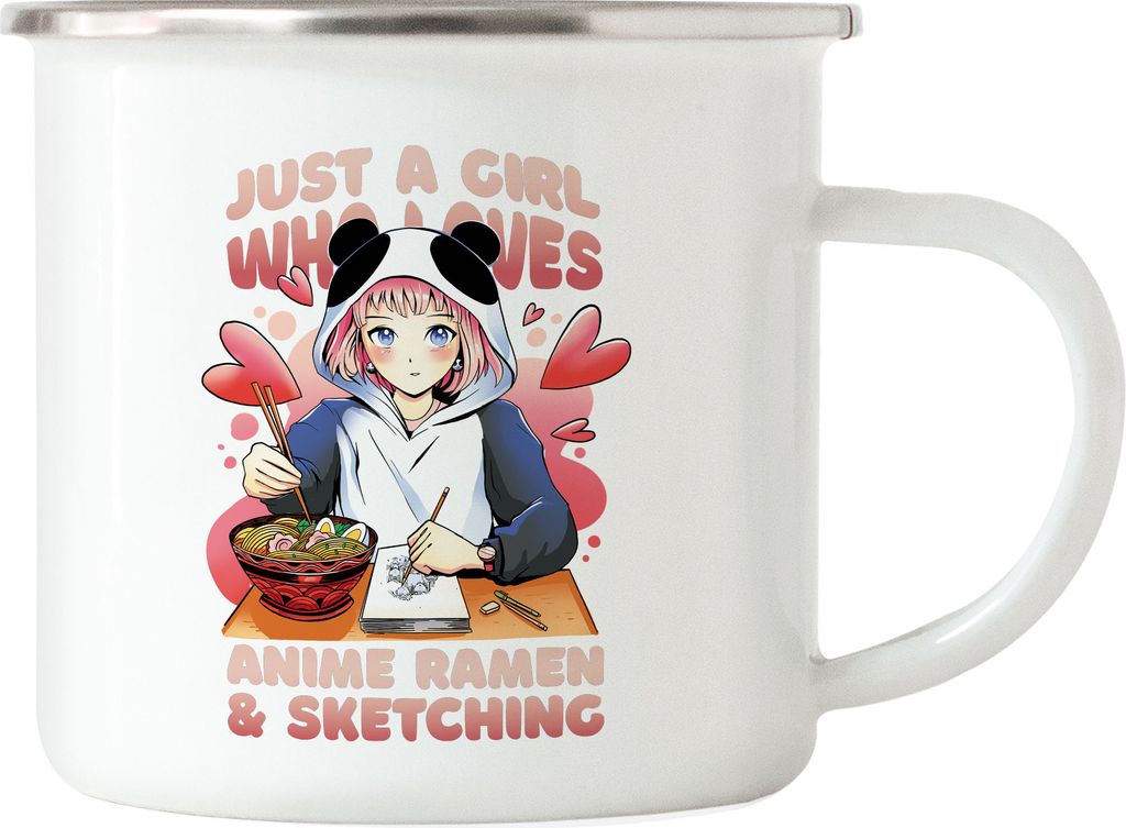 Just A Girl Who Loves Sketching And Anime Ramen Emaille Tasse Otaku Baka Manga Comic Geschenkidee Fans