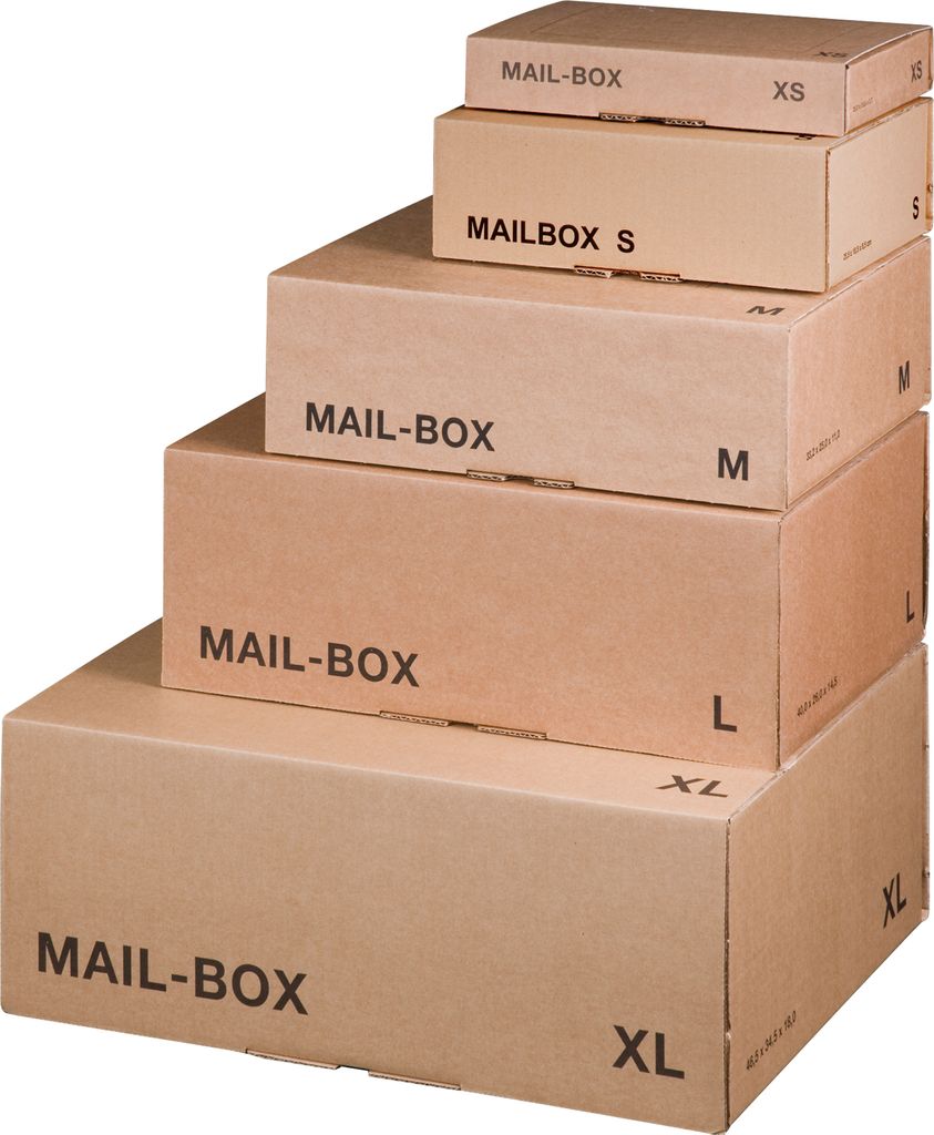 A stack of cardboard boxes of varying sizes, labeled 'MAIL-BOX' and sizes XS, S, M, L, XL.