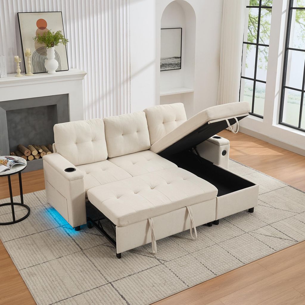 Merax dreisitzer Schlafsofa mit Getränkehaltern, Klappsofa mit verstecktem Stauraum, Ecksofa treviso mit LED und USB & Typ-C Anschlüssen, L-Förm...