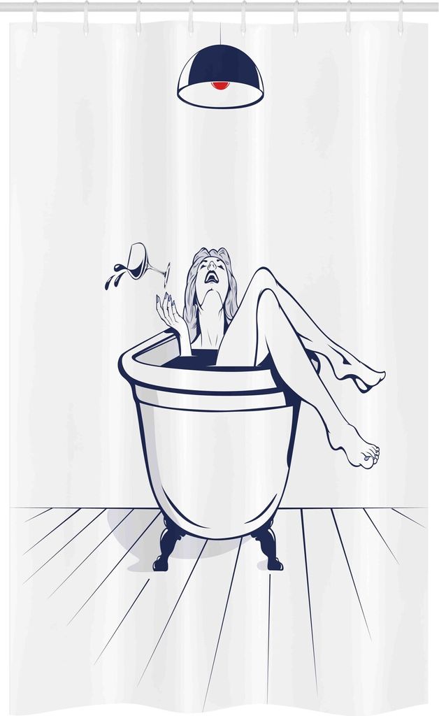 ABAKUHAUS Wein Schmaler Duschvorhang, Junge Frau in Badewanne Kunst, Badezimmer Deko Set aus Stoff mit Haken, 120 x 180 cm, Dunkelblau Weiß Rot