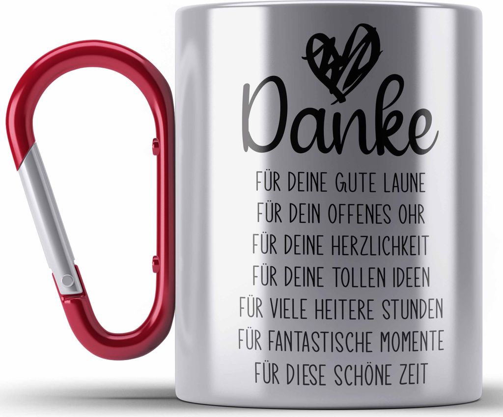 Trendation - Dankeschön Edelstahl Tasse Karabiner Geschenk Danke Sagen Danke für Die Gute Laune Offenes Ohr Spruch Muttertag Vatertag Mama (Rot)