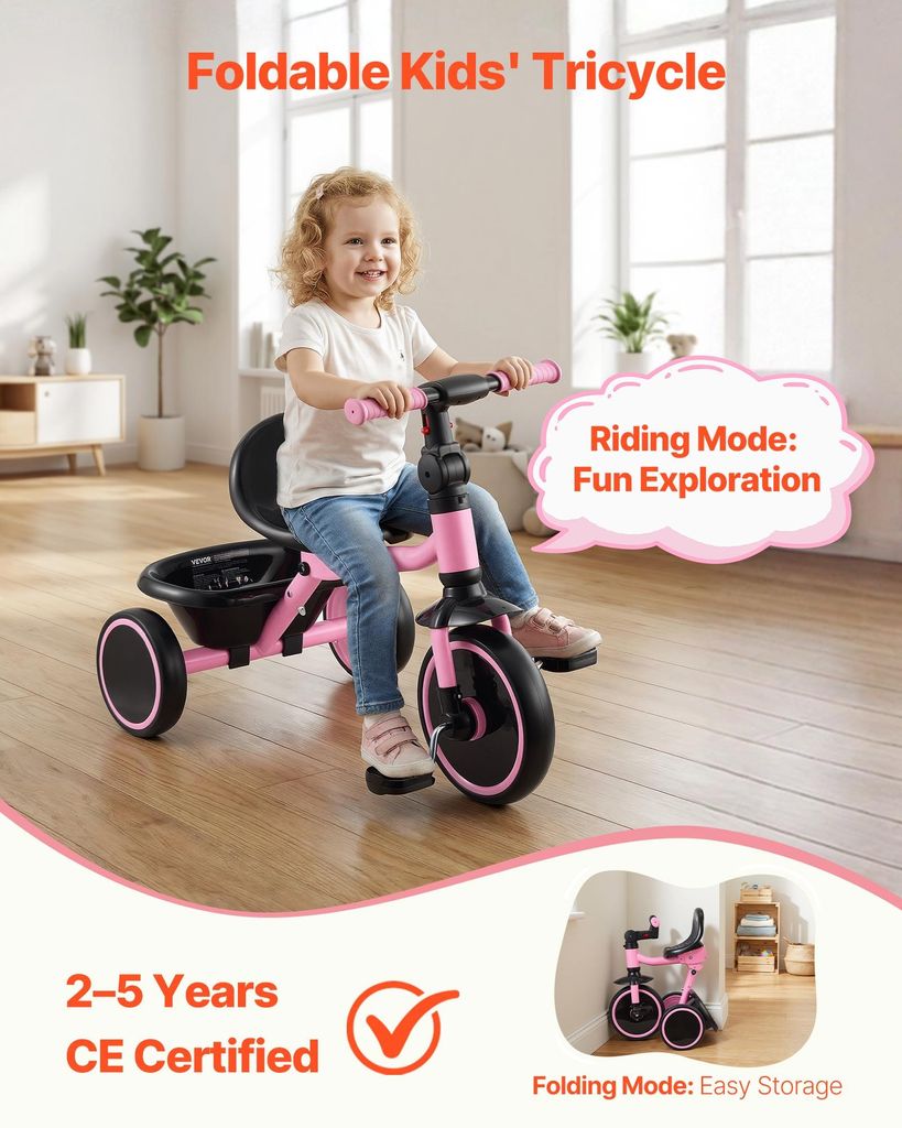 XPIY Tricycle pour Tout-Petits de 2 à 4 Ans, Vélo Pliant 3 en 1 pour Garçons et Filles, Tricycle pour Enfants avec Pédale Détachable et Siège Ajustable (Bleu