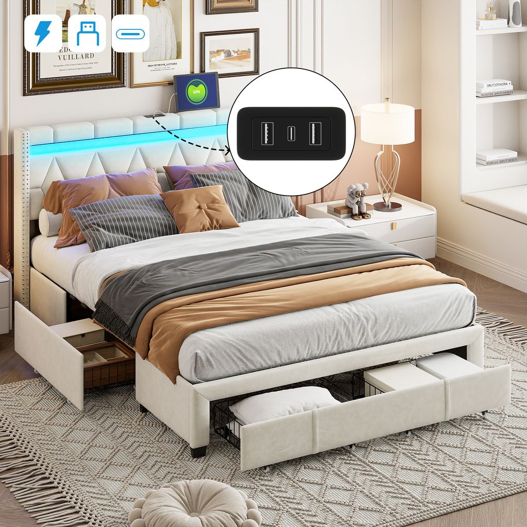 Doppelbett 160x200 cm, 4 Metallschubladen, LED-Beleuchtung + USB-Anschluss, Nachttisch in Diamantform, beigefarbenes Leinen